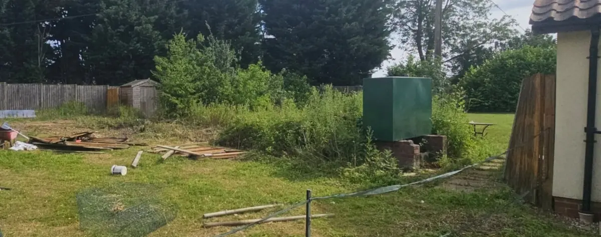 Before: overgrown garden with a collapsed fence and old timber left on the lawn
